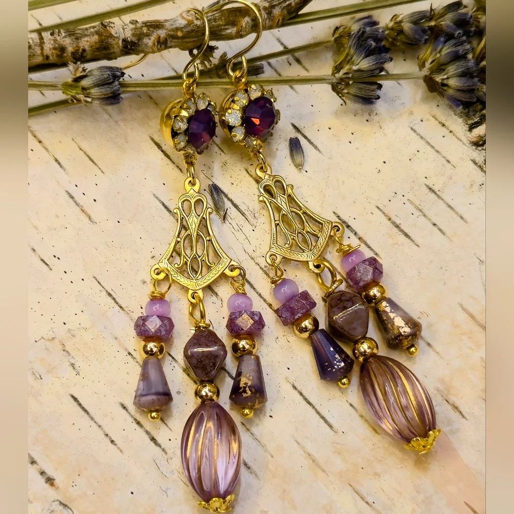 Victorian Opaline Purple W/ Crystal Flowers In 3 Strands Long GP Earrings